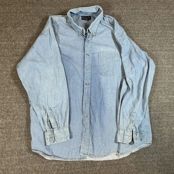 Mustang Shirt Adult 2XL Blue Denim Joe Blow Classic Car Ford Long Sleeve Shacket - Picture 2 of 10
